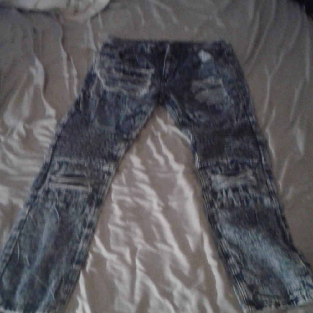 Ripped Denim Dark Blue Biker Jeans.